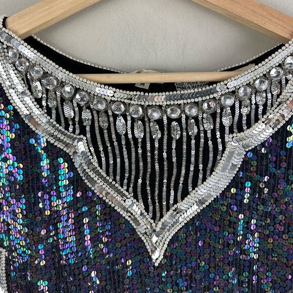 Vintage 80s Frank Usher Black Silk Heavily Sequin Beaded Blouse Evening Top M - Picture 7 of 10
